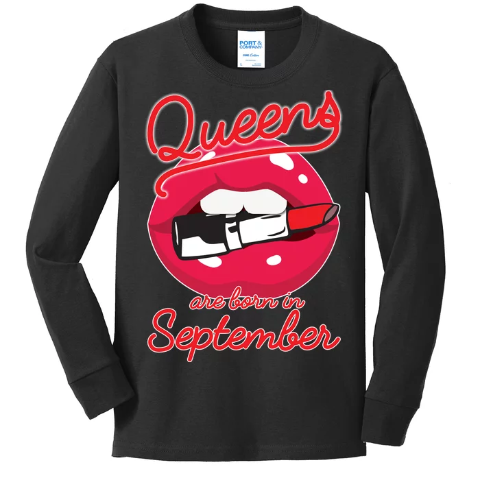 Queens Are Born in September Lipstick Kids Long Sleeve Shirt