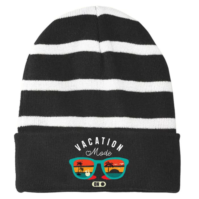 Quote Vacation Mode On Summer Vintage Striped Beanie with Solid Band