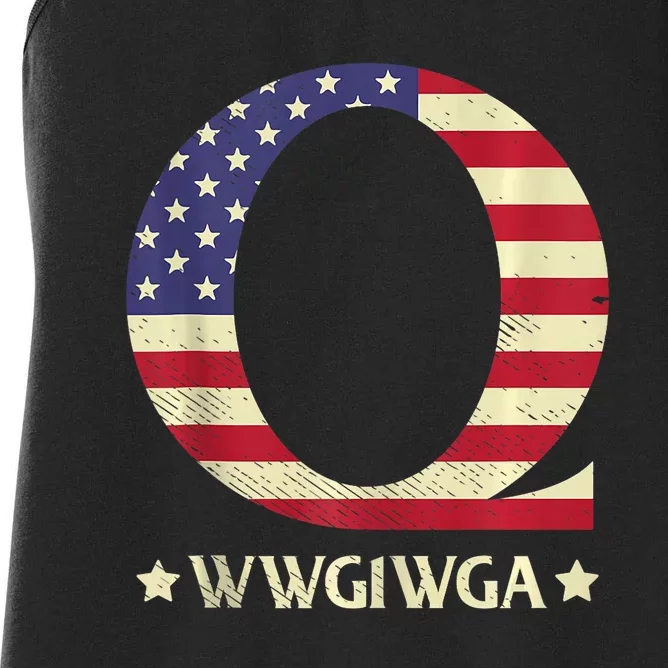 QAnon WWG1WGA Q Anon Great Awakening MAGA USA Flag Design Women's Racerback Tank