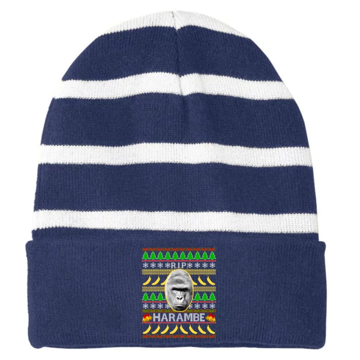 R.I.P. Harambe RIP Gorilla Ugly Christmas Sweater Design Striped Beanie with Solid Band