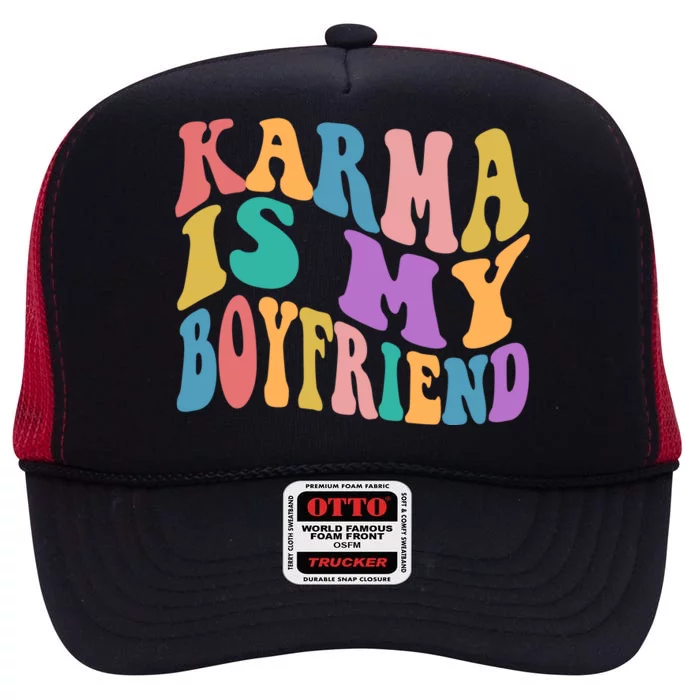 Retro 1960s 70s Karma Is My Boyfriend High Crown Mesh Trucker Hat