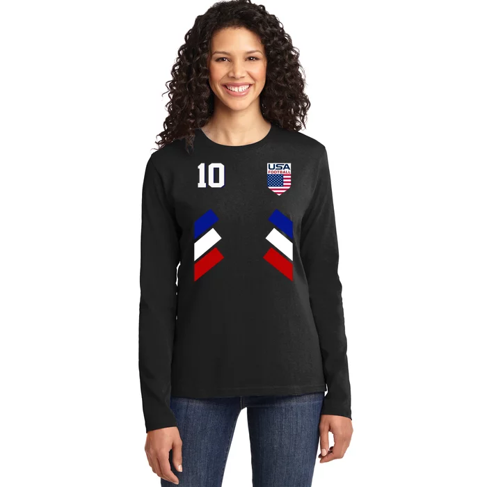 Retro 10 American Football USA Soccer Flag Ladies Long Sleeve Shirt