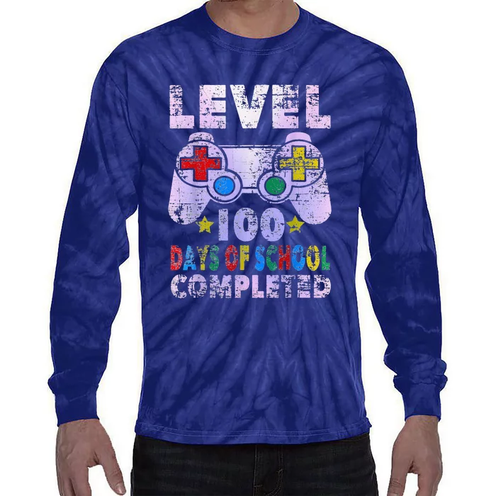 Retro 100 Days Of School Completed Level Up Gaming Tie-Dye Long Sleeve Shirt