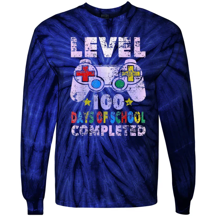 Retro 100 Days Of School Completed Level Up Gaming Tie-Dye Long Sleeve Shirt