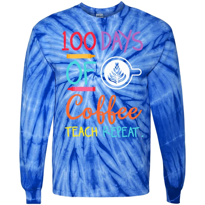 Retro 100 Days Of Coffee Teach Repeat Caffeine Teachers Gift Tie-Dye Long Sleeve Shirt