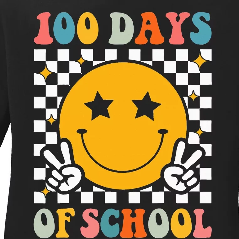 Retro 100 Days Of School Smile Face 100th Day Ladies Long Sleeve Shirt