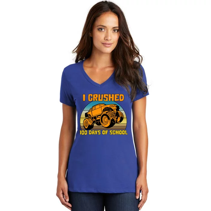 Retro 100 Days Of School Boys Monster Truck Gift Women's V-Neck T-Shirt