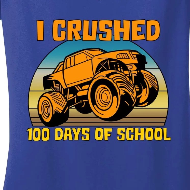 Retro 100 Days Of School Boys Monster Truck Gift Women's V-Neck T-Shirt