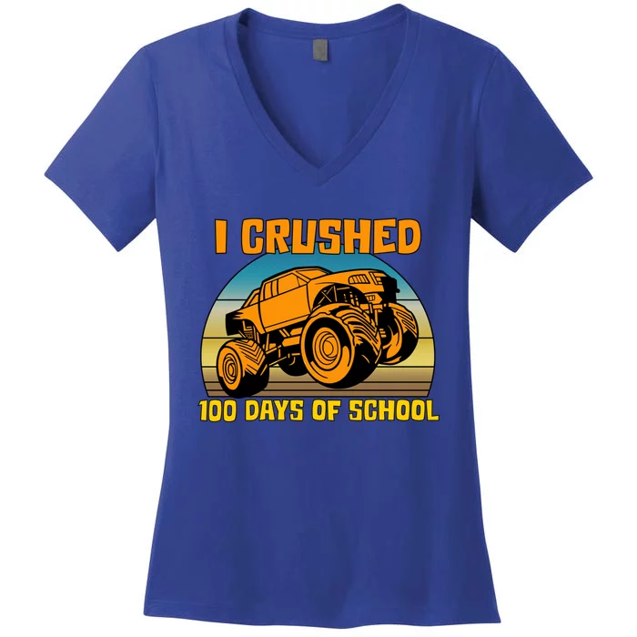 Retro 100 Days Of School Boys Monster Truck Gift Women's V-Neck T-Shirt