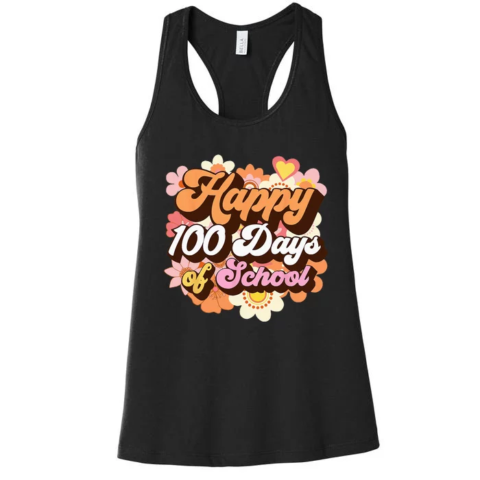 Retro 100 Days Of School Teachers Kids Groovy 100th Day Women's Racerback Tank