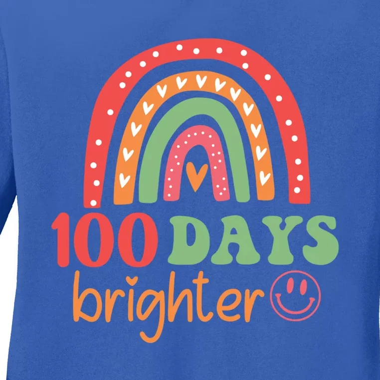 Rainbow 100 Days Brighter 100 Days Of School Groovy Retro Gift Ladies Long Sleeve Shirt