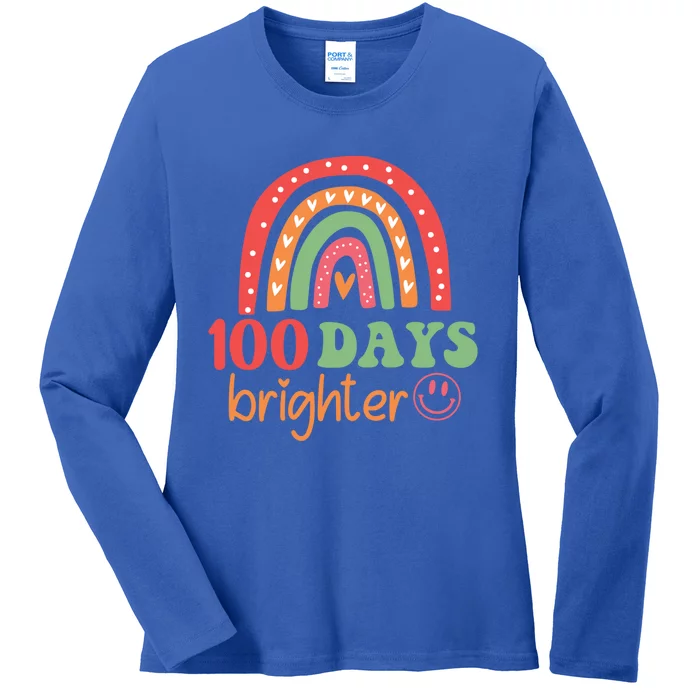 Rainbow 100 Days Brighter 100 Days Of School Groovy Retro Gift Ladies Long Sleeve Shirt