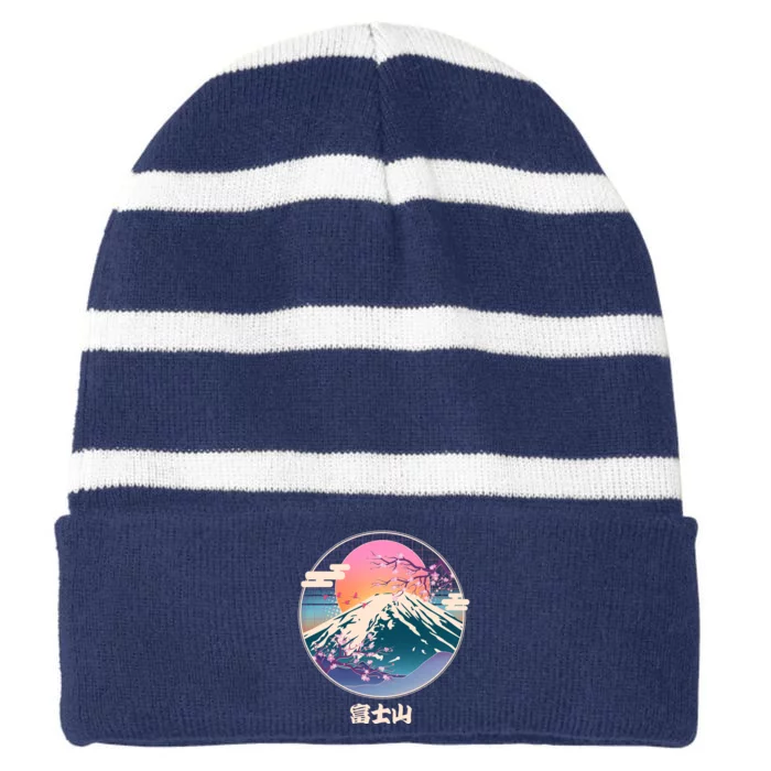 Retro 1980s Japanese Mount Fuji Striped Beanie with Solid Band