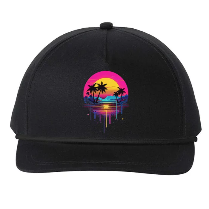 Retro 1980s Palm Tree Sunset Sunrise Pain Drip Snapback Five-Panel Rope Hat