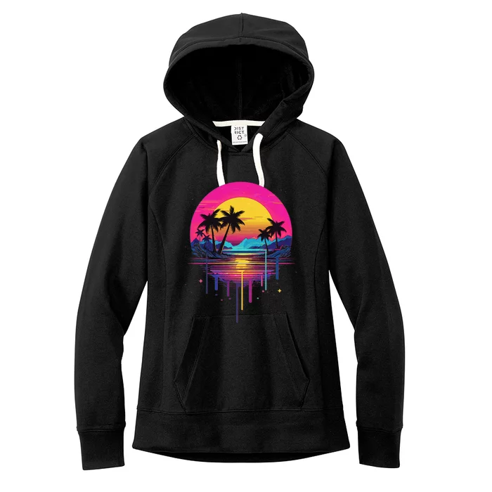 Retro 1980s Palm Tree Sunset Sunrise Pain Drip Women's Fleece Hoodie