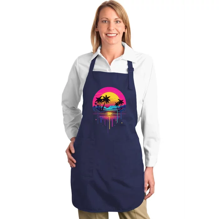 Retro 1980s Palm Tree Sunset Sunrise Pain Drip Full-Length Apron With Pocket