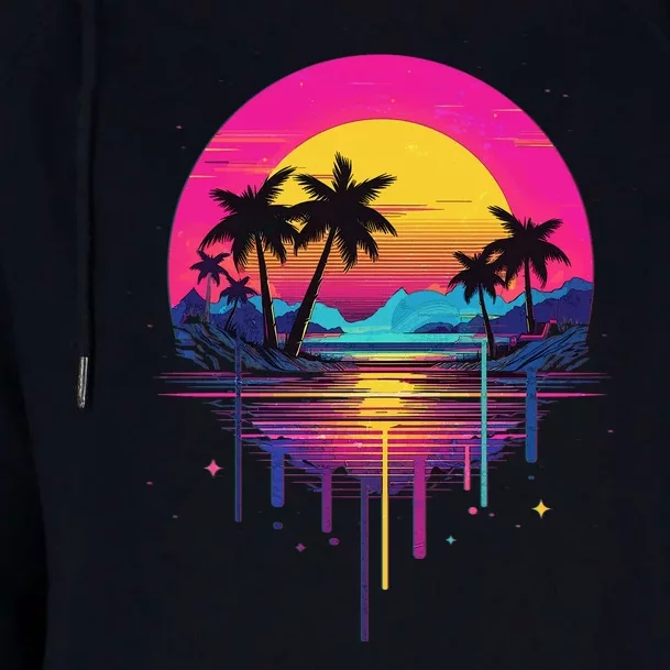 Retro 1980s Palm Tree Sunset Sunrise Pain Drip Womens Funnel Neck Pullover Hood