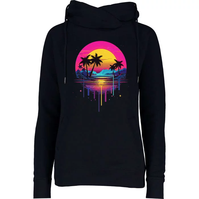 Retro 1980s Palm Tree Sunset Sunrise Pain Drip Womens Funnel Neck Pullover Hood