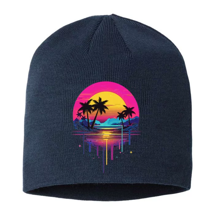 Retro 1980s Palm Tree Sunset Sunrise Pain Drip 8 1/2in Sustainable Knit Beanie