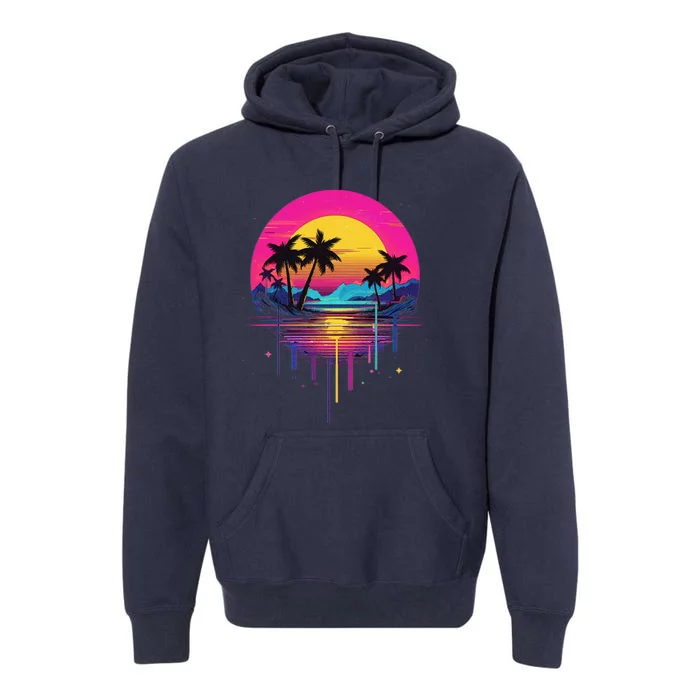 Retro 1980s Palm Tree Sunset Sunrise Pain Drip Premium Hoodie