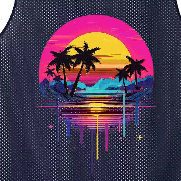 Retro 1980s Palm Tree Sunset Sunrise Pain Drip Mesh Reversible Basketball Jersey Tank