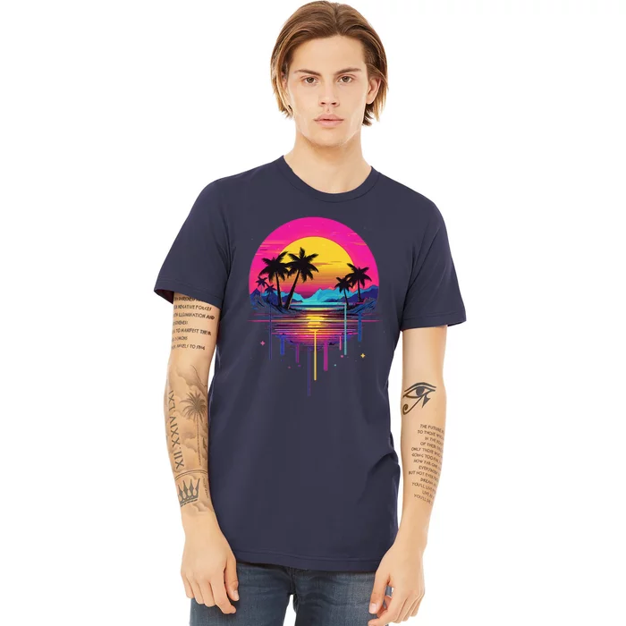 Retro 1980s Palm Tree Sunset Sunrise Pain Drip Premium T-Shirt