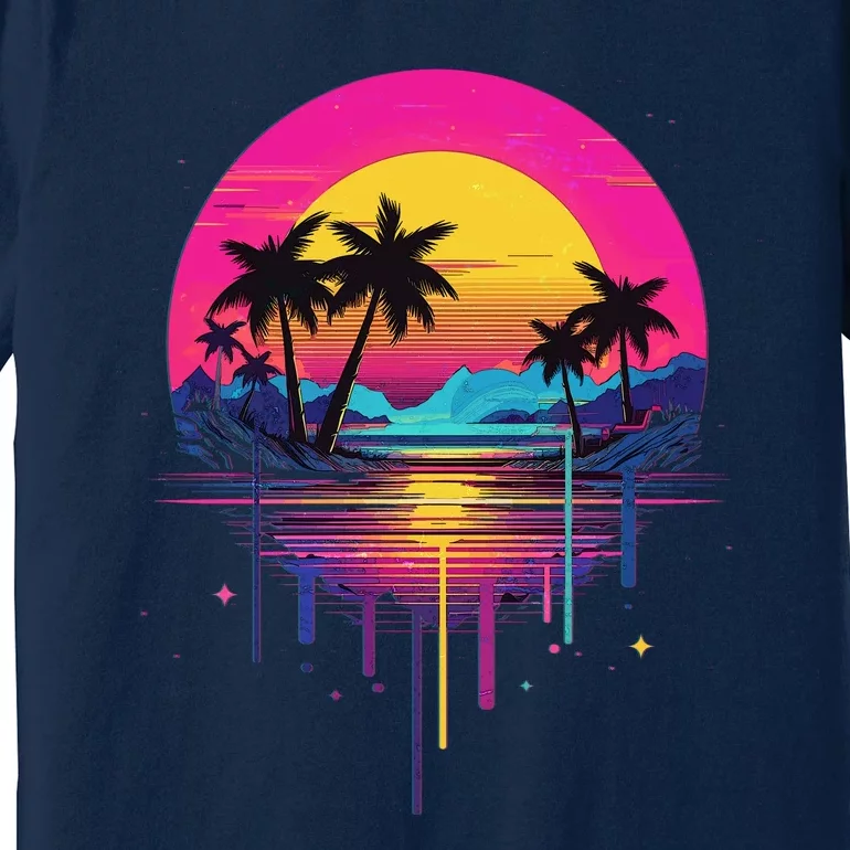 Retro 1980s Palm Tree Sunset Sunrise Pain Drip Premium T-Shirt