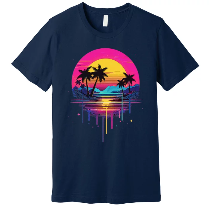 Retro 1980s Palm Tree Sunset Sunrise Pain Drip Premium T-Shirt