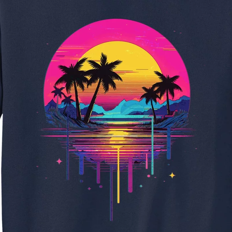 Retro 1980s Palm Tree Sunset Sunrise Pain Drip Tall Sweatshirt