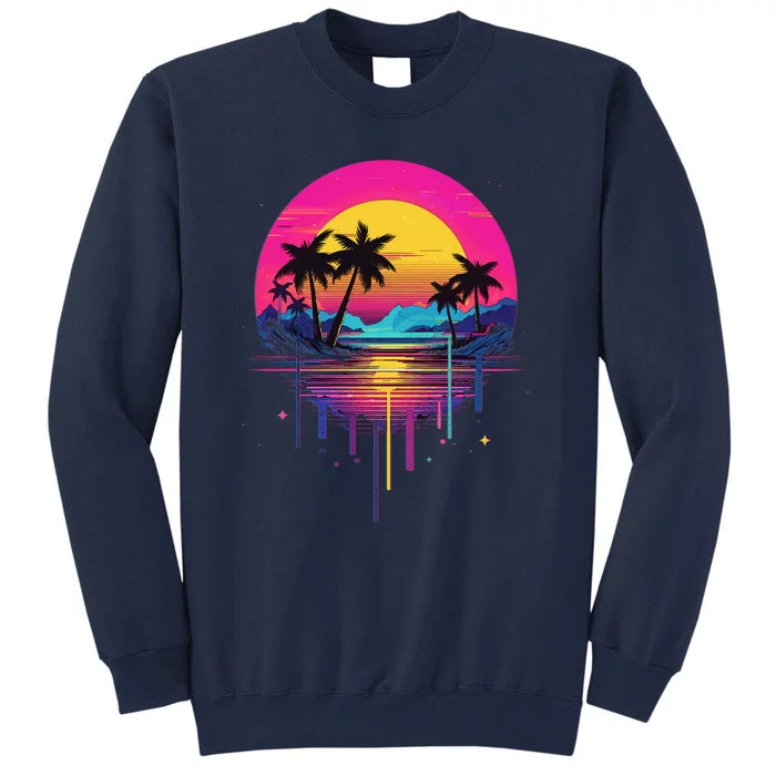 Retro 1980s Palm Tree Sunset Sunrise Pain Drip Tall Sweatshirt