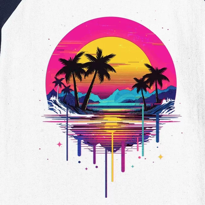 Retro 1980s Palm Tree Sunset Sunrise Pain Drip Baseball Sleeve Shirt