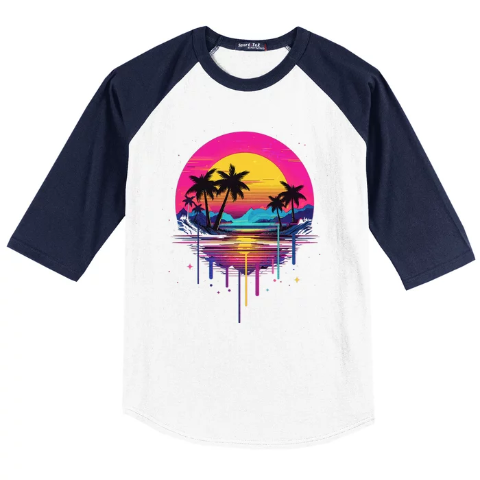 Retro 1980s Palm Tree Sunset Sunrise Pain Drip Baseball Sleeve Shirt