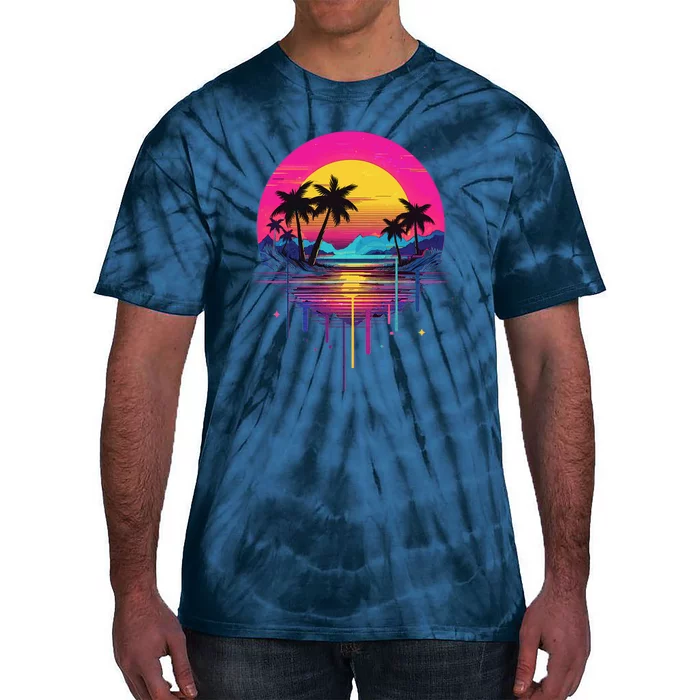 Retro 1980s Palm Tree Sunset Sunrise Pain Drip Tie-Dye T-Shirt