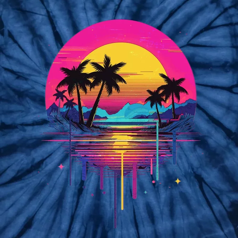 Retro 1980s Palm Tree Sunset Sunrise Pain Drip Tie-Dye T-Shirt