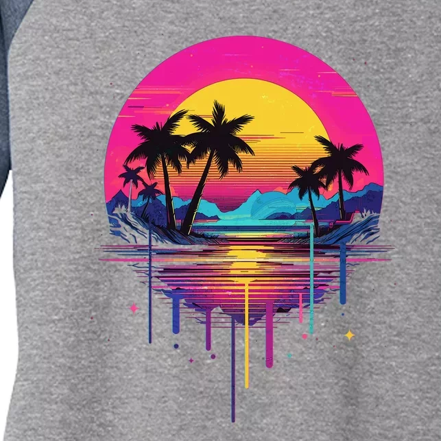 Retro 1980s Palm Tree Sunset Sunrise Pain Drip Women's Tri-Blend 3/4-Sleeve Raglan Shirt