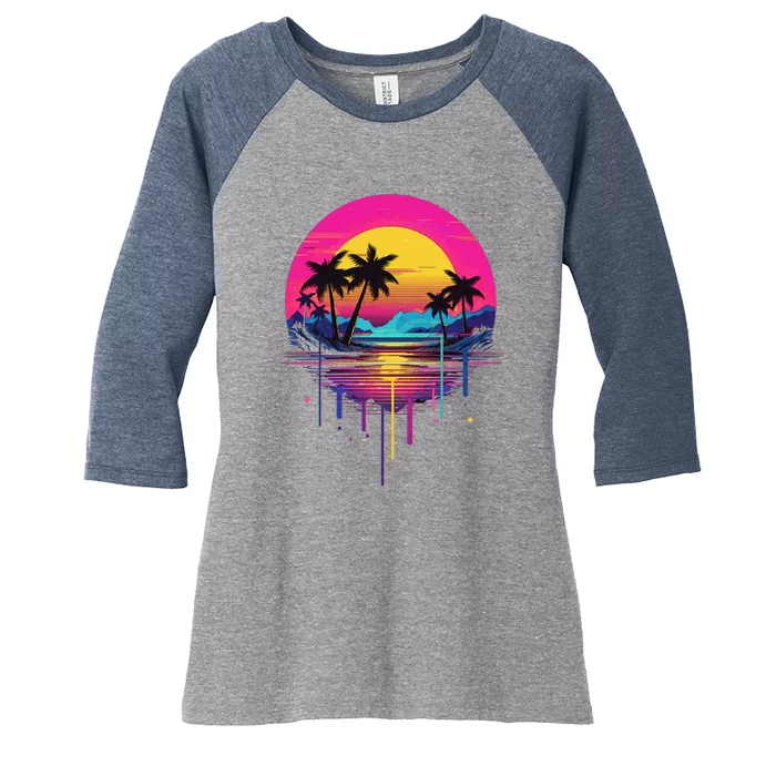 Retro 1980s Palm Tree Sunset Sunrise Pain Drip Women's Tri-Blend 3/4-Sleeve Raglan Shirt