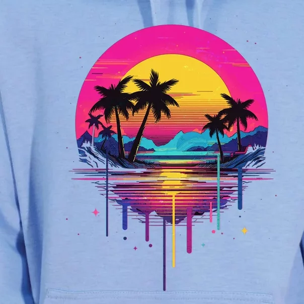 Retro 1980s Palm Tree Sunset Sunrise Pain Drip Unisex Surf Hoodie