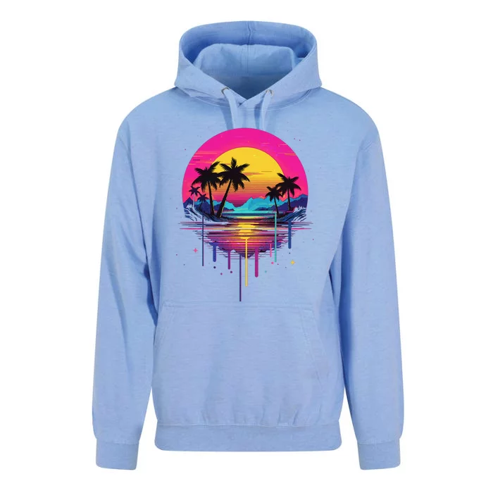 Retro 1980s Palm Tree Sunset Sunrise Pain Drip Unisex Surf Hoodie