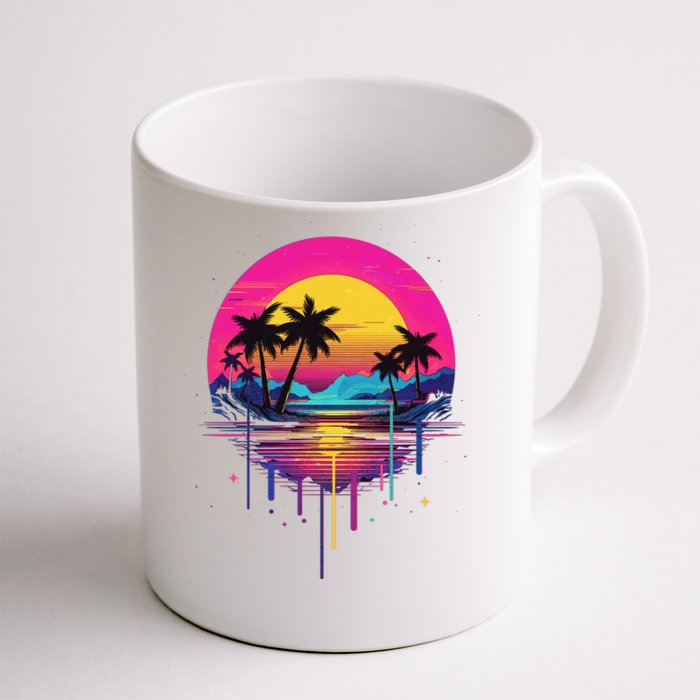 Retro 1980s Palm Tree Sunset Sunrise Pain Drip Front & Back Coffee Mug