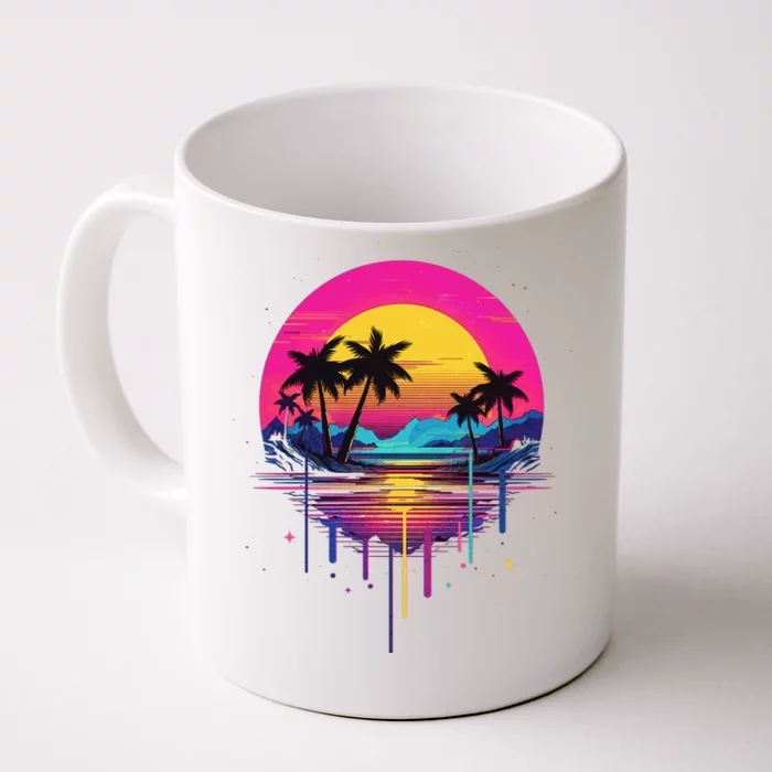 Retro 1980s Palm Tree Sunset Sunrise Pain Drip Front & Back Coffee Mug