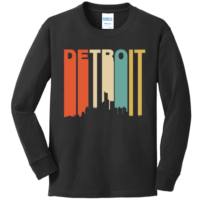 Retro 1970S Style Detroit Michigan Skyline Kids Long Sleeve Shirt