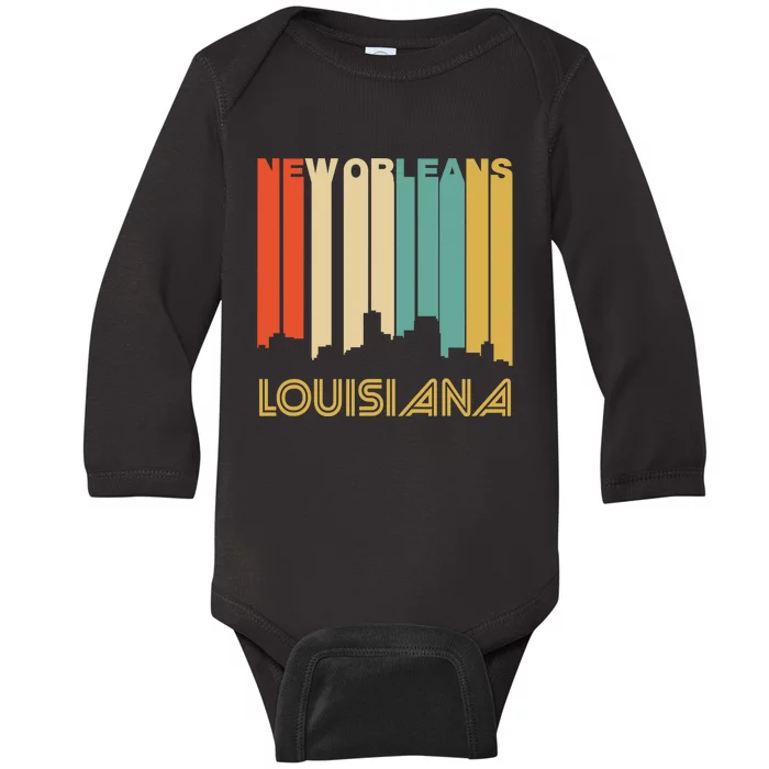 Retro 1970S Style New Orleans Louisiana Skyline Baby Long Sleeve Bodysuit