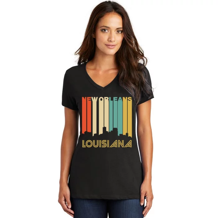 Retro 1970S Style New Orleans Louisiana Skyline Women's V-Neck T-Shirt