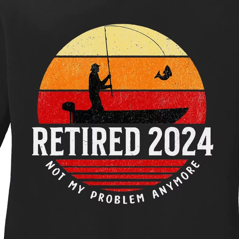 Retired 2024 Funny Fishing Retirement Retro Gone Fishing Rod Ladies Long Sleeve Shirt