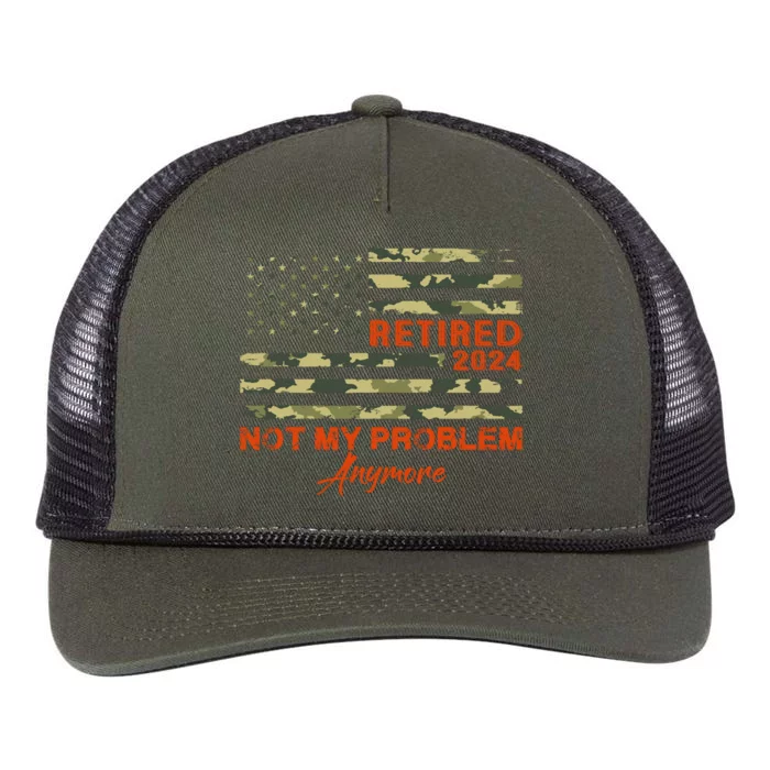 Retired 2024 Not My Problem Anymore Retirement American Flag Retro Rope Trucker Hat Cap