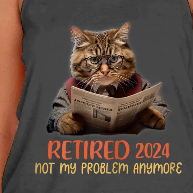 Retired 2024 Not My Problem Anymore Funny Reading Cat Lover Women's Knotted Racerback Tank