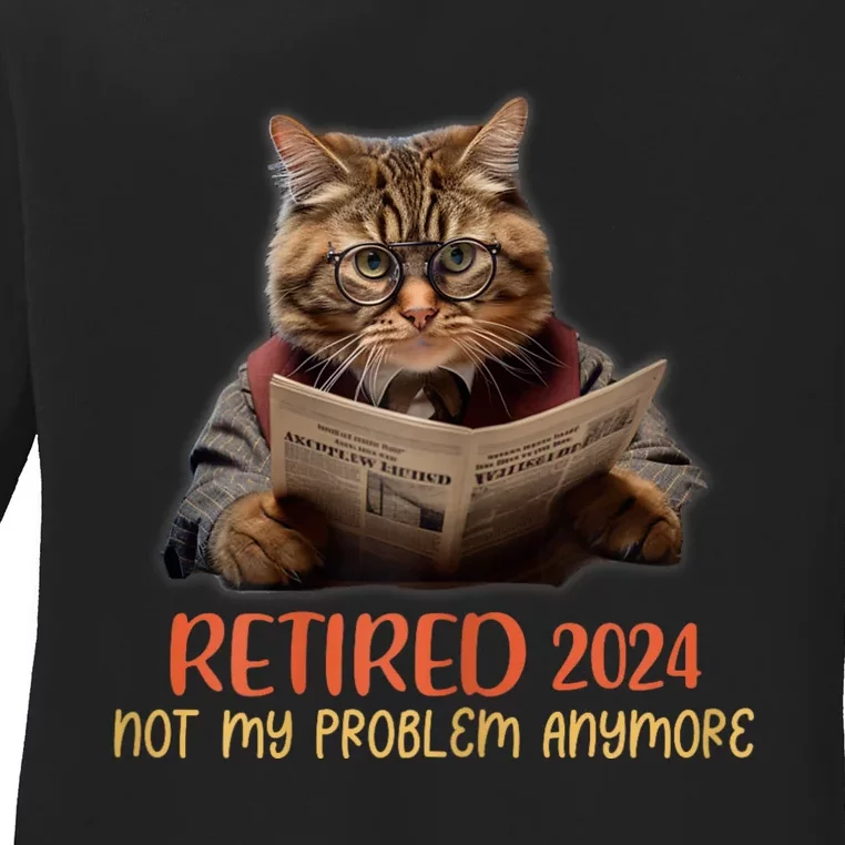 Retired 2024 Not My Problem Anymore Funny Reading Cat Lover Ladies Long Sleeve Shirt