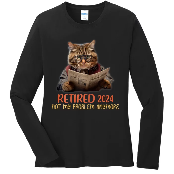 Retired 2024 Not My Problem Anymore Funny Reading Cat Lover Ladies Long Sleeve Shirt