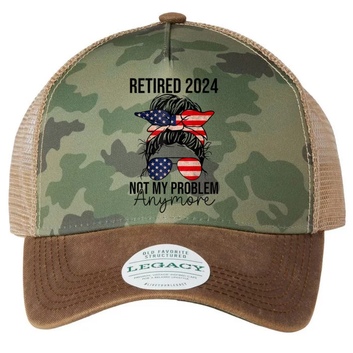 Retired 2024 Not My Problem Anymore Retirement Messy Bun Us Flag Legacy Tie Dye Trucker Hat