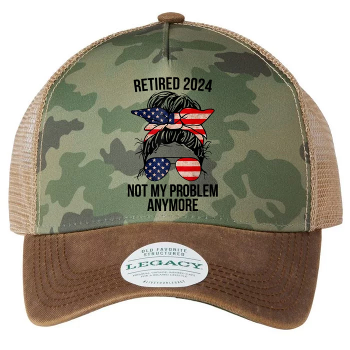 Retirement 2024 Women Retired 2024 Not My Problem Anymore Messy Bun Us Flag Legacy Tie Dye Trucker Hat